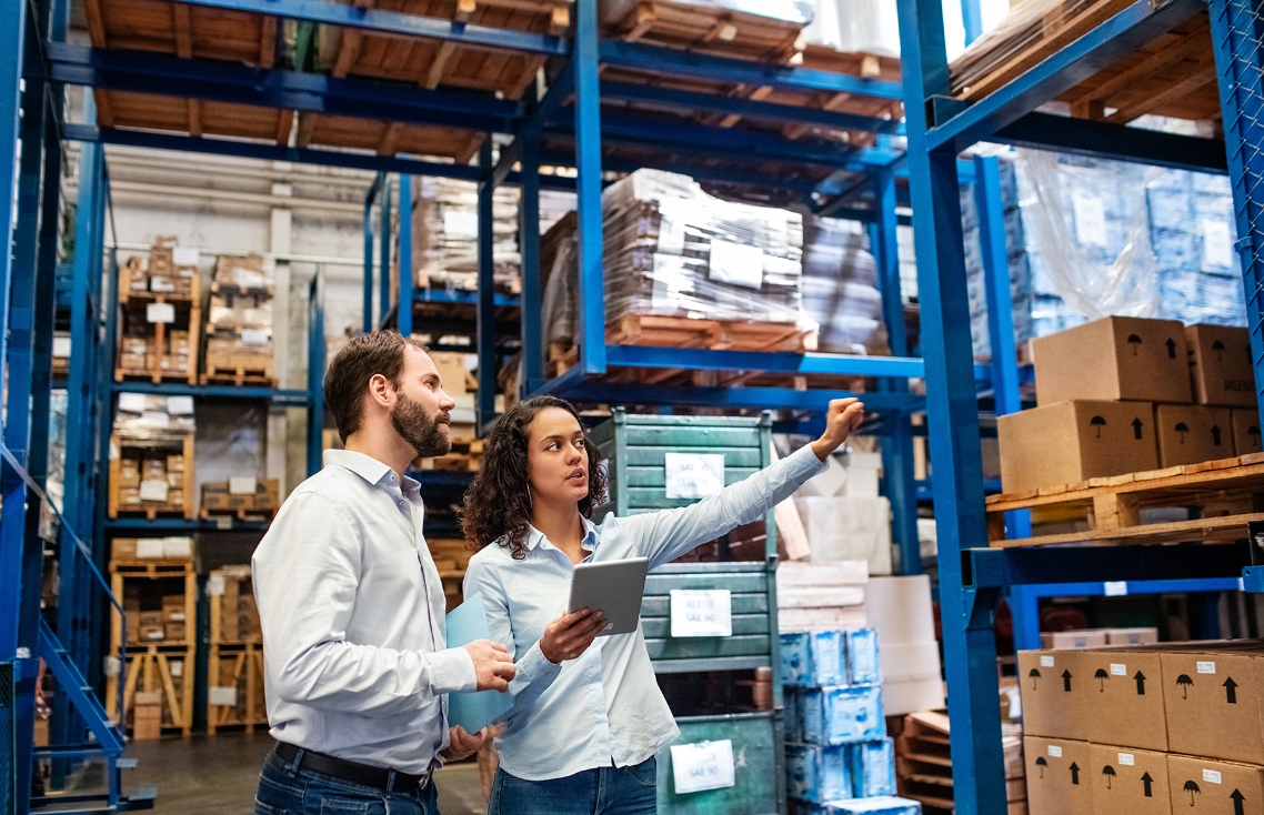 Two people in a warehouse setting talking and one pointing at the stock on the shelves.