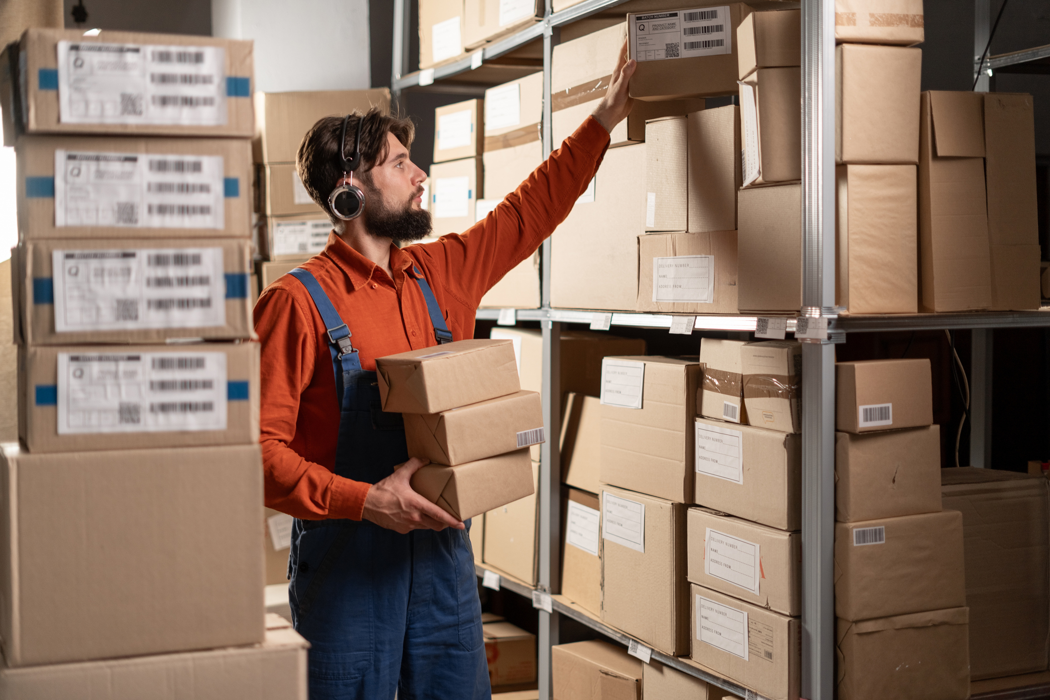 Male warehouse worker take box from shelf in big warehouse factory,
